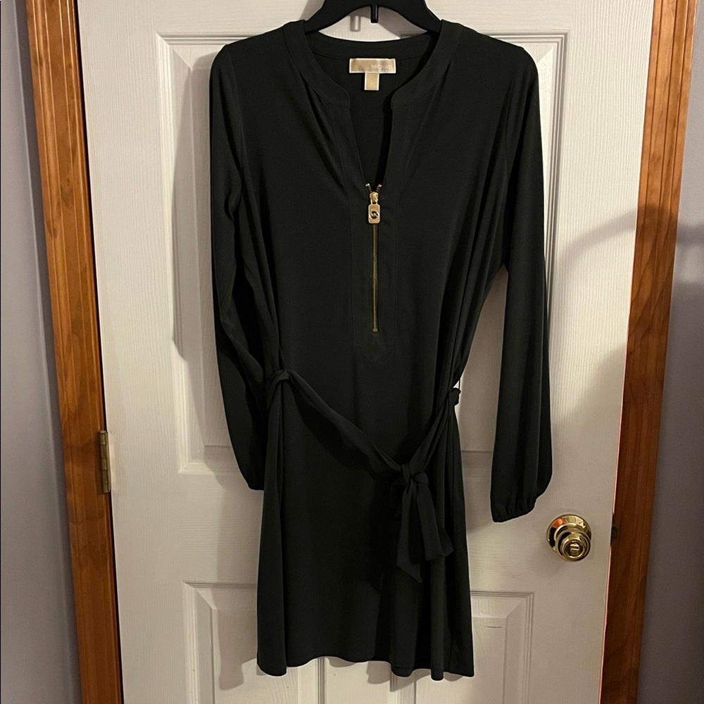 Michael Kors Olive Green Long Sleeve Dress with Gold Zip